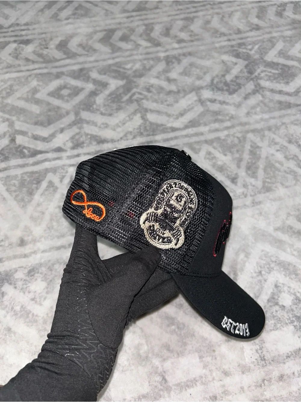 Black Trucker Cap with Red 'Godspeed' Gothic Embroidered Logo